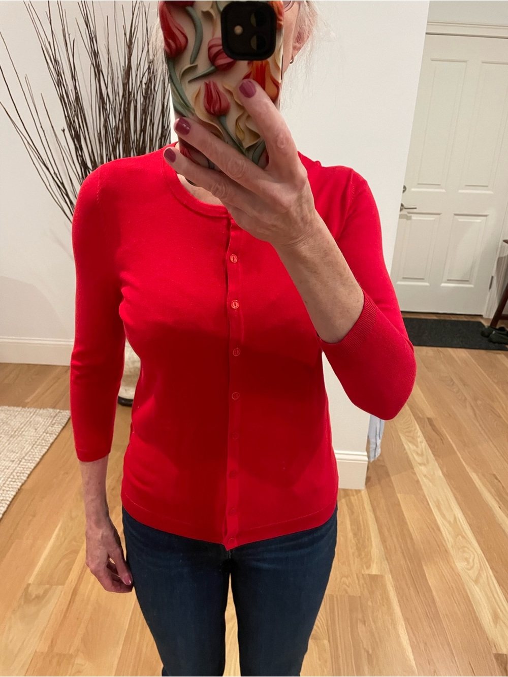 Talbots Bright Red Button-Front Crewneck Cardigan